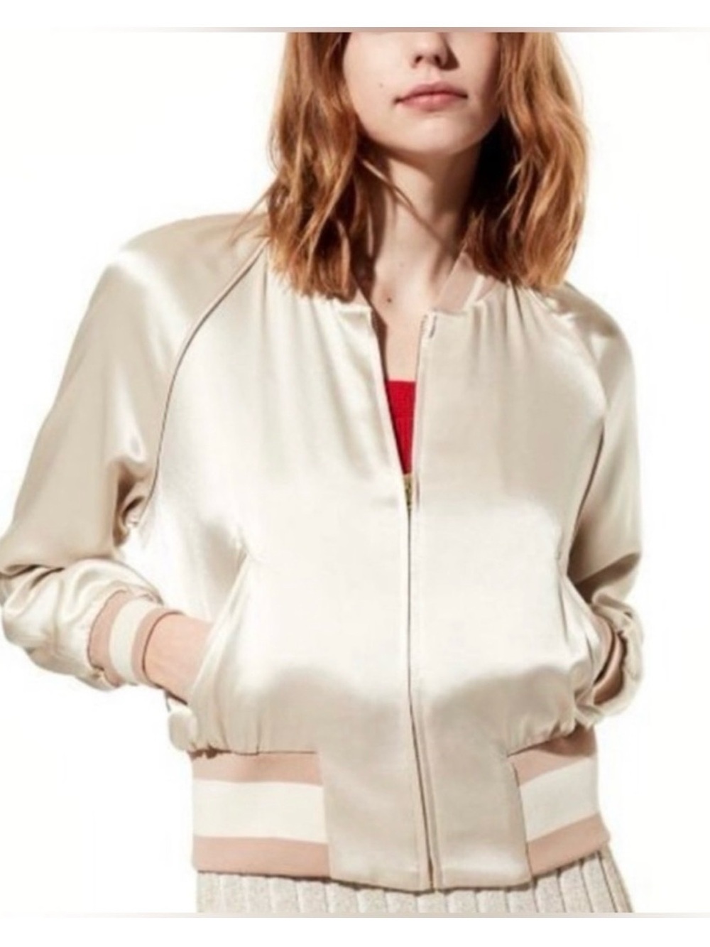 Aritzia LITTLE MOON full zip satin longsleeve Acanthella cream Bomber xs